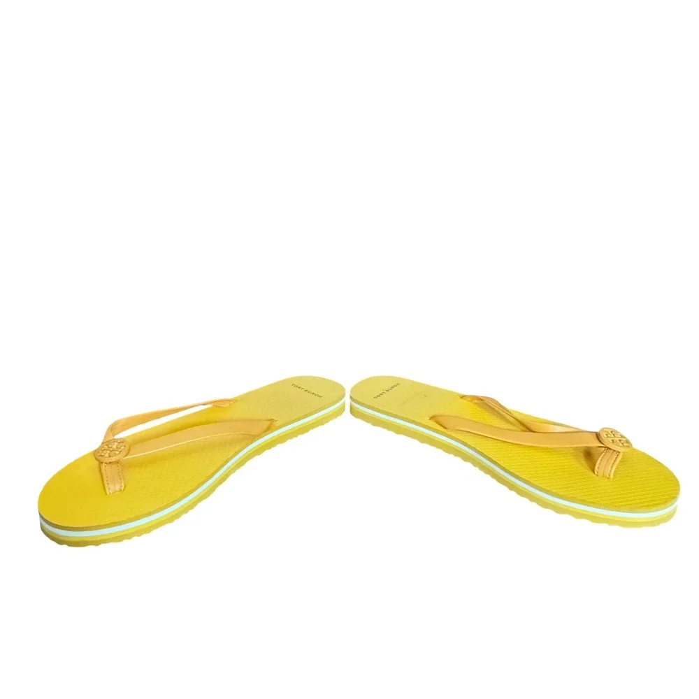 Tory Burch Yellow Tan Leather Mini Minnie Logo Flip Flop Sandals Womens Chic Sz9